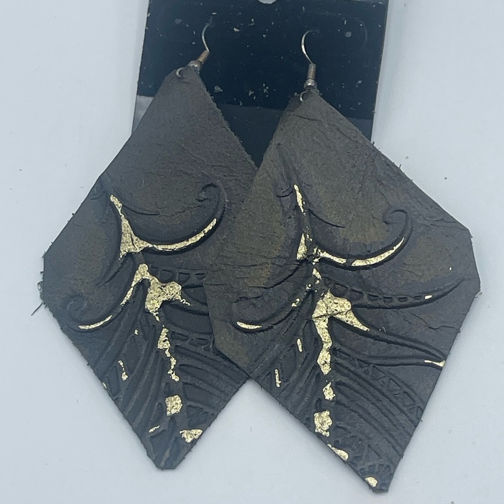Artistic Leather Black and Gold Dangle Earrings